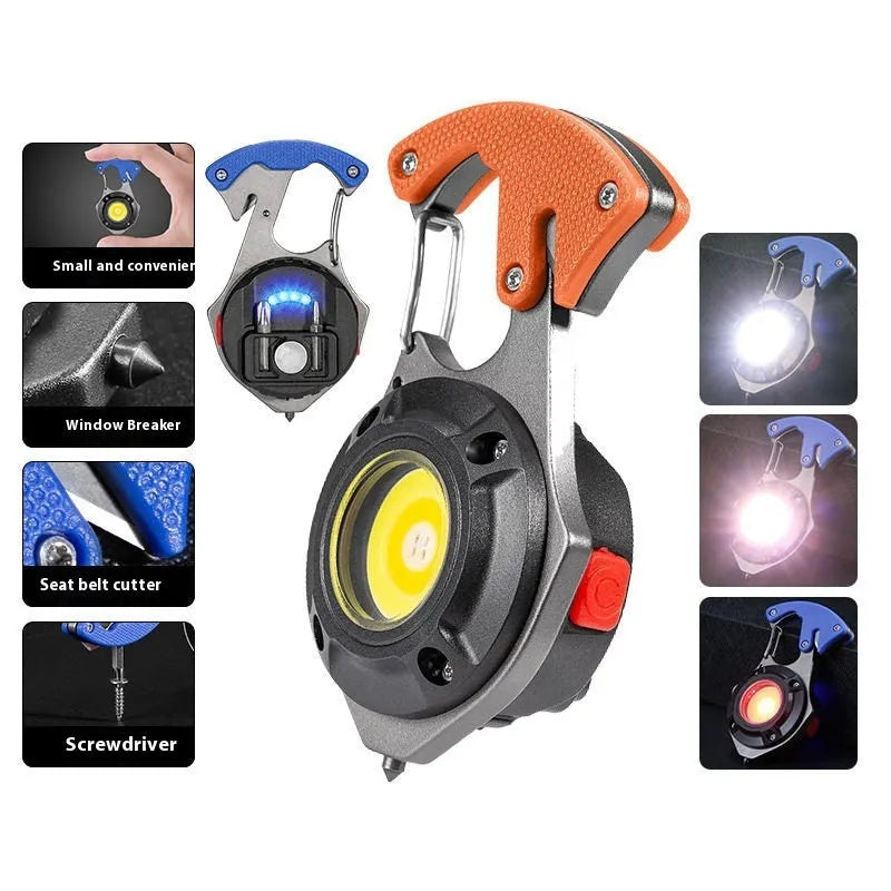 Portable keychain torch with window-breaking hammer, screwdriver, and smart display showing lighting modes