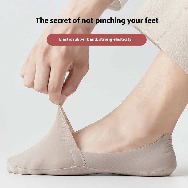 Men's invisible low cut socks with cotton bottom and ice silk, shown in black, gray, navy, khaki, white and green.