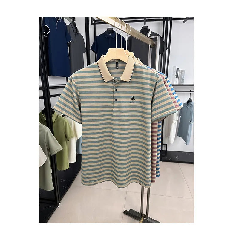 Men's red striped casual short sleeve shirt with a mosaic pattern on a mannequin.