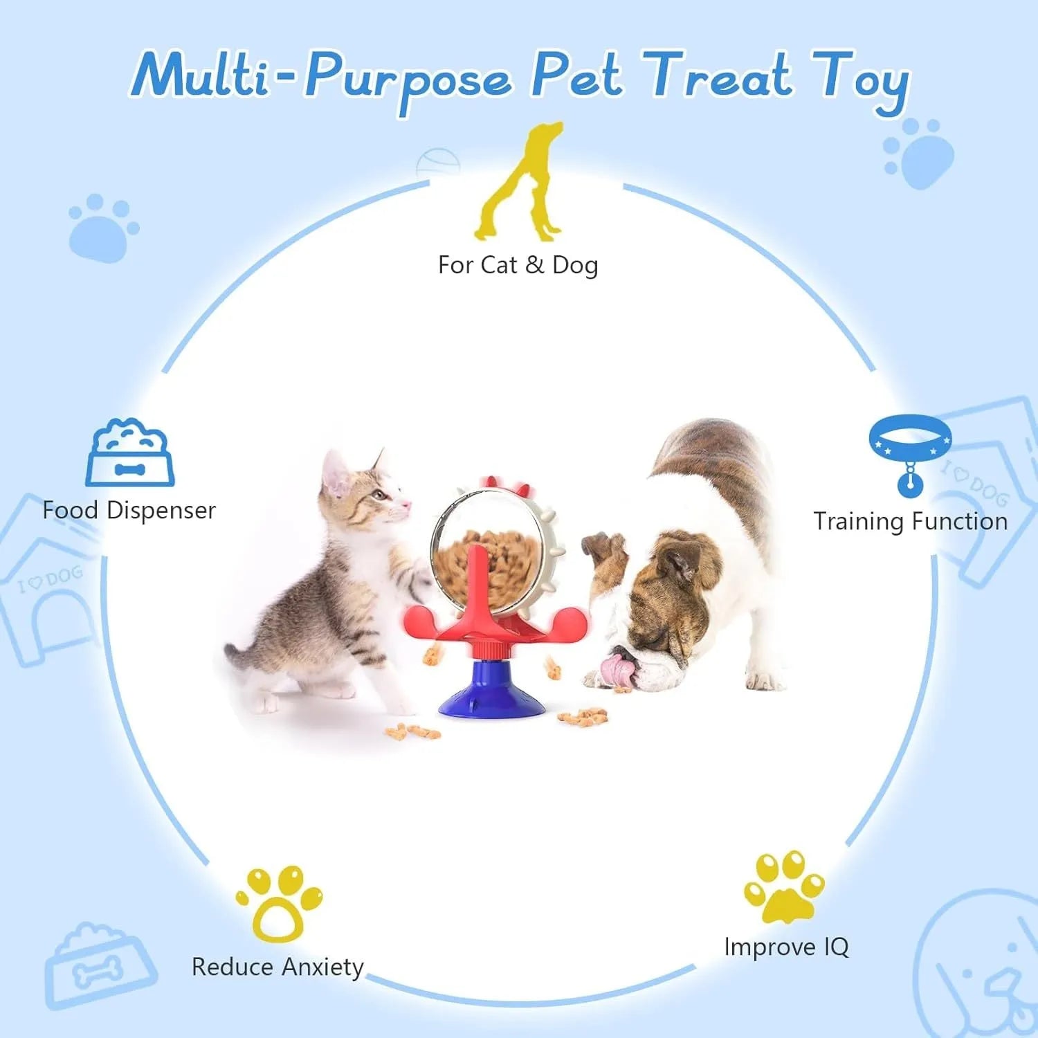 Interactive pet puzzle feeder toy with rotating spinner and sucker base in multiple colours