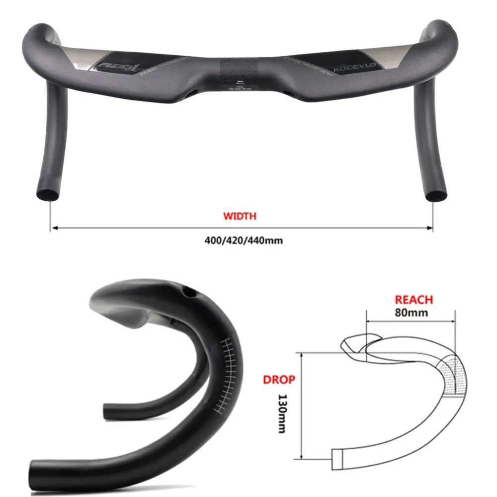 Matt carbon fibre road bike drop handlebar shown in bent shape with size options