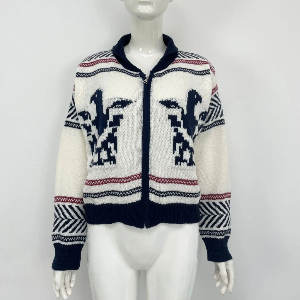 White women's jacquard zip cardigan with lapel collar and contrast colour striping