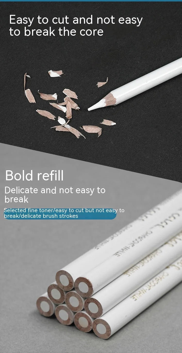 Wooden case containing three white charcoal sketching pencils for drawing on dark paper