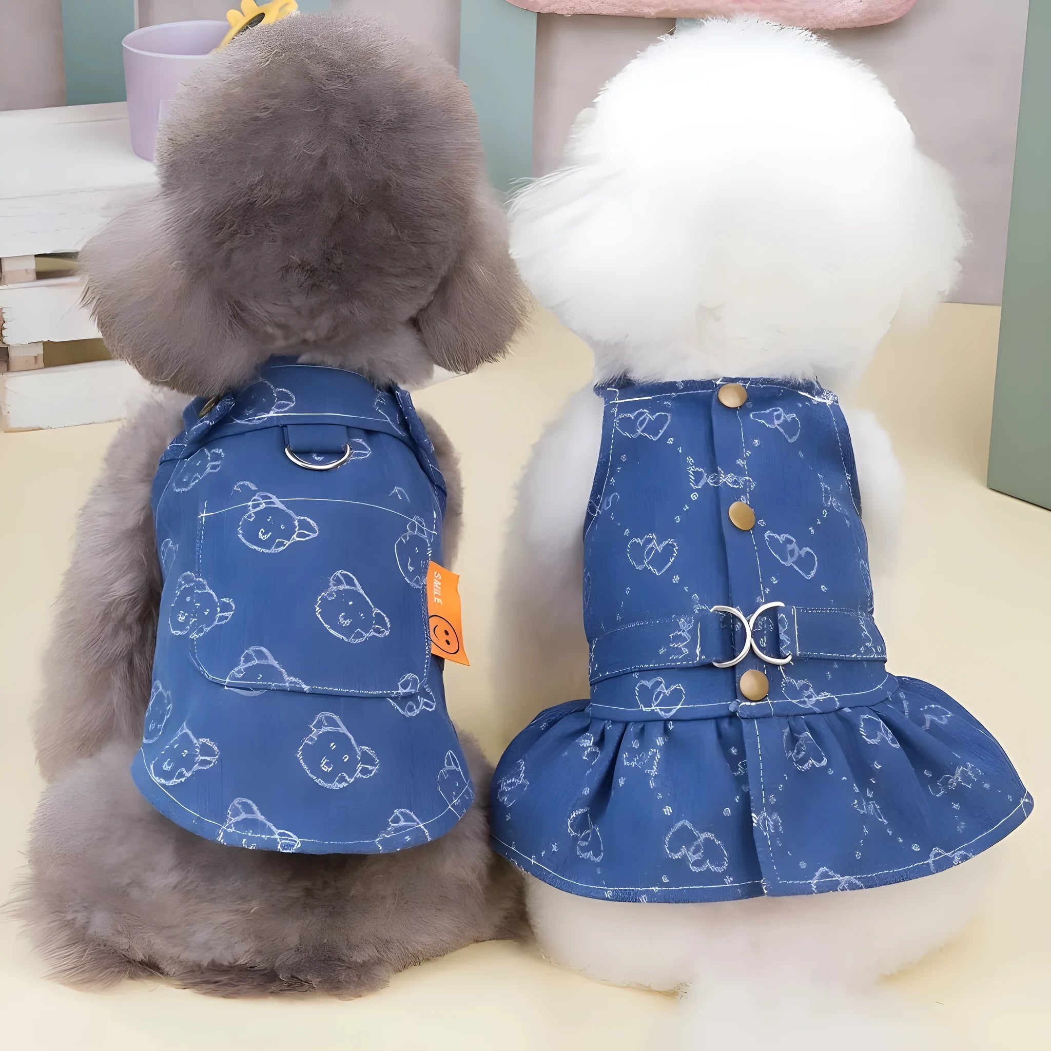 Teddy Bichon small dog wearing denim princess dress with bracket skirt design