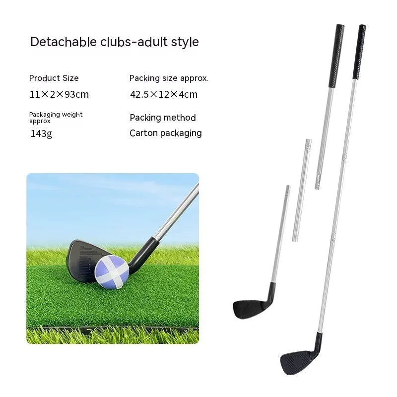Metal golf practice club set showing one adult-sized and one child-sized club for outdoor training.