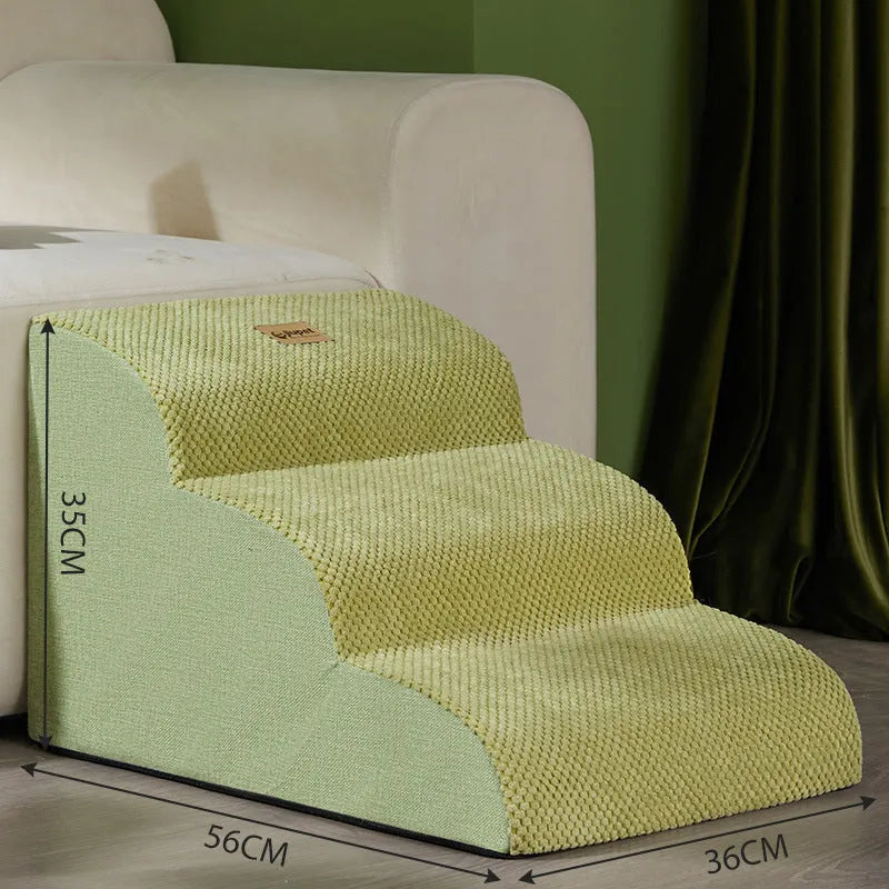 Brown foam pet ramp stairs with non-slip surface on a carpeted floor