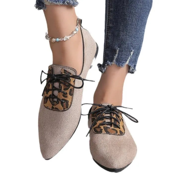 Beige leopard print pointed toe pumps for women in plus sizes with artificial PU leather upper and rubber sole