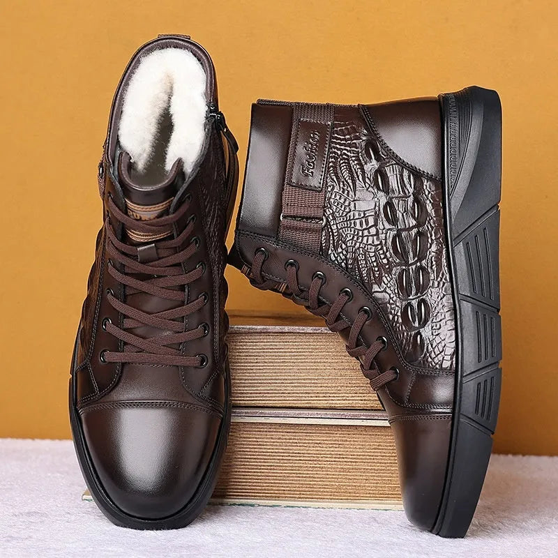 Genuine leather snow boots with integrated fur, non-slip rubber soles, and front lace-up closure