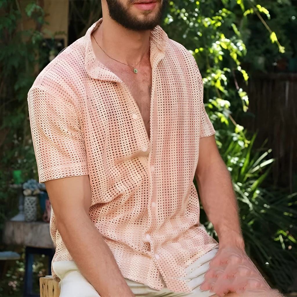 Pink men's waffle knit cardigan shirt with short sleeves and loose fit design