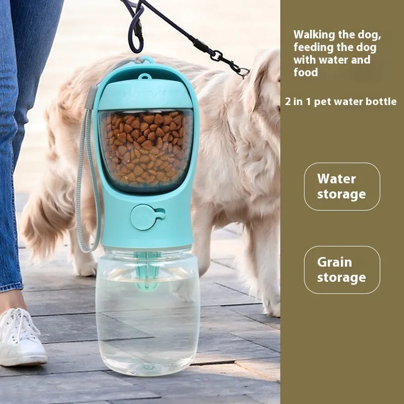 Blue portable dog drinking cup with split water grain design showing 550ml capacity markings