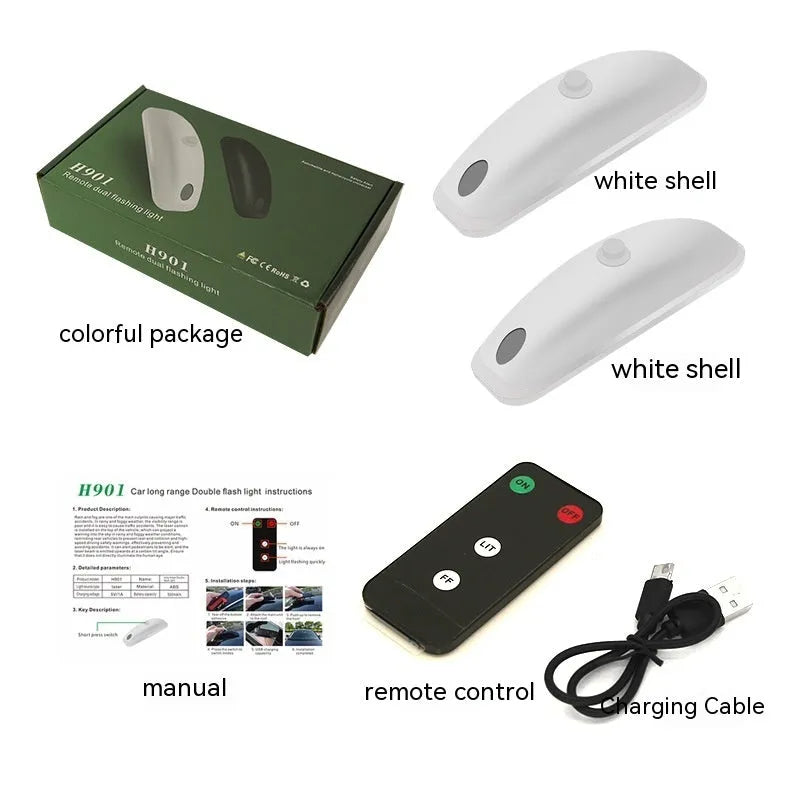 Black remote-controlled car strobe light with charging cable on a white background.