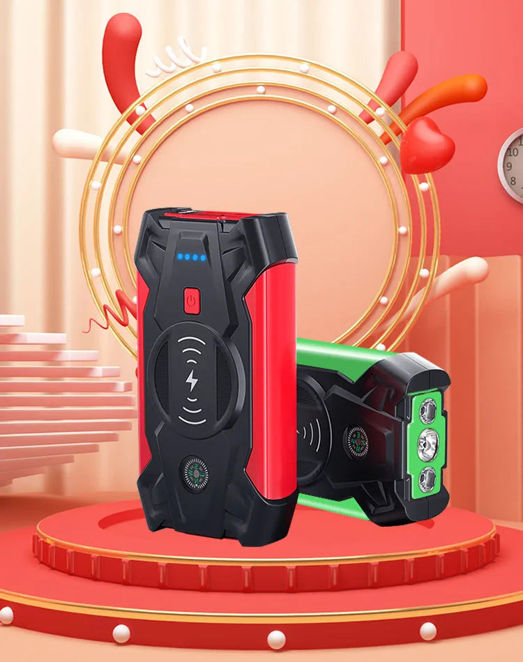 Red 12V car emergency jump starter power pack with digital display and air pump, showing 39800W output.