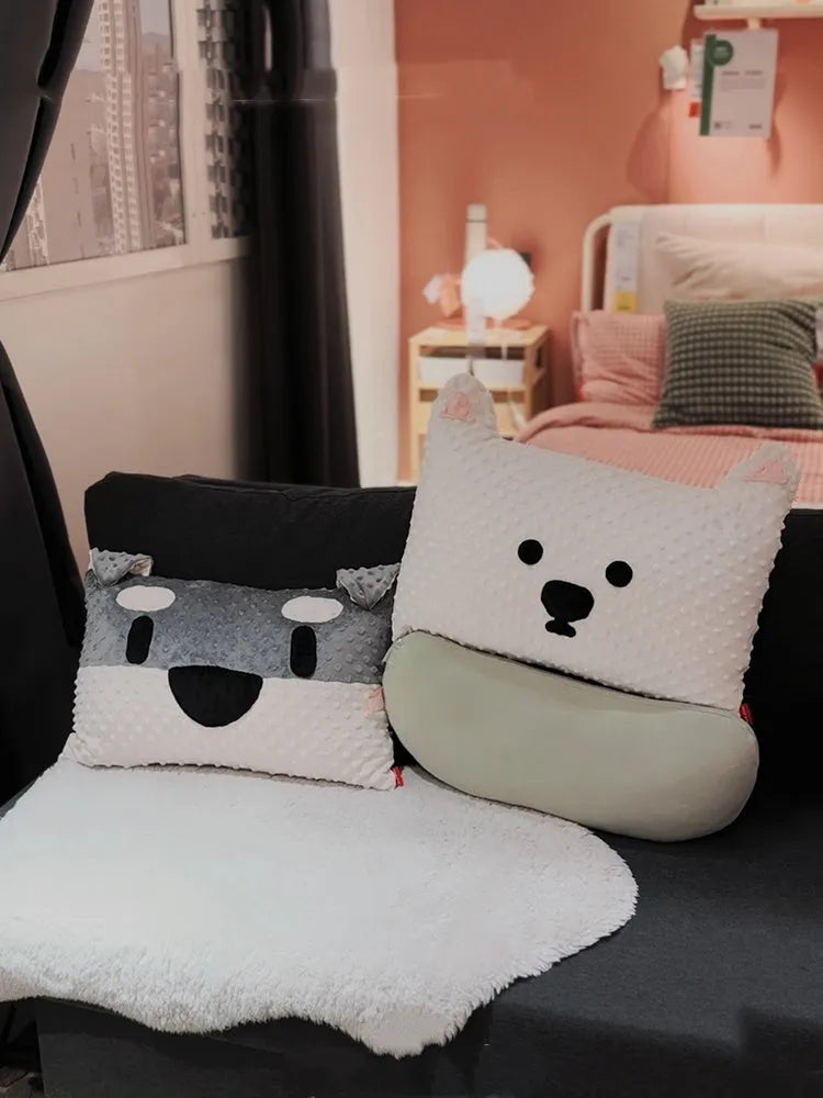 West Highland puppy dog pillow on sofa, grey and white dog-themed design, 50cm length
