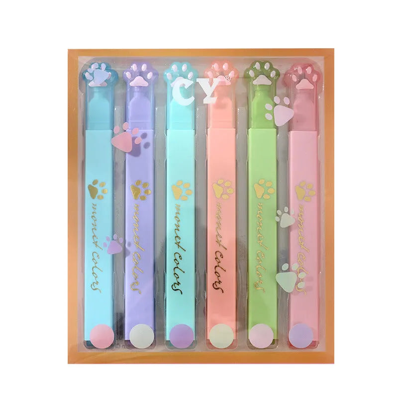 Cat's Paw fluorescent marker pen set of six with oblique heads in assorted colours
