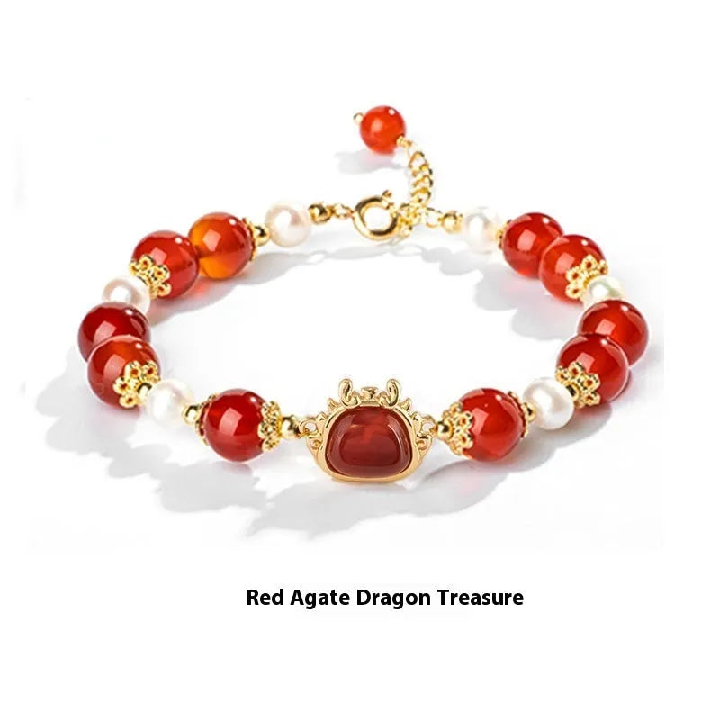 Xiao Hong rope bracelet for women with agate diamond beads and dragon motif, electroplated finish, Chinese style