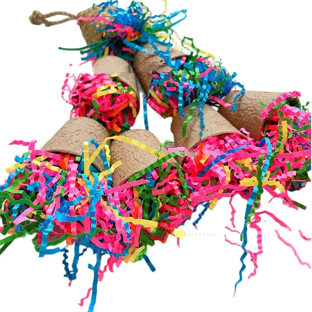 Wood-coloured woven palm fibre parrot chew toy shaped like a paper cup, hanging.