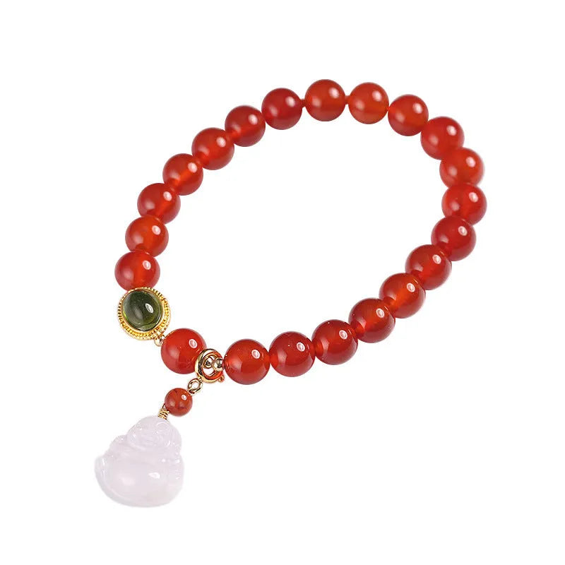 Red agate bracelet with amber accents and geometric Maitreya Buddha charm