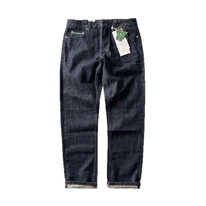 Men's primary colour American retro straight-leg denim trousers laid flat, showing mid-waist and full-length cut.