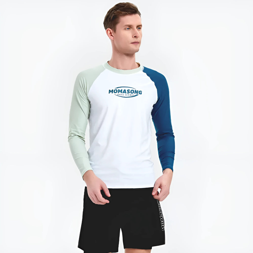 Men's white long-sleeve V-neck swim top with matching blue swim trunks set.