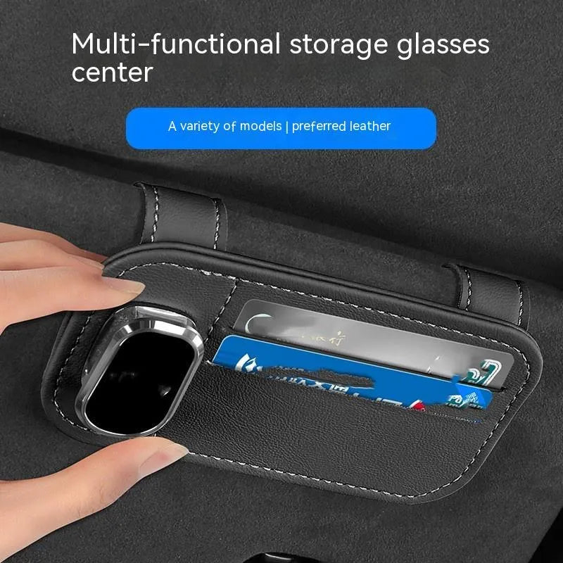 Car sun visor storage organiser with card holder and glasses clip made from cowhide leather