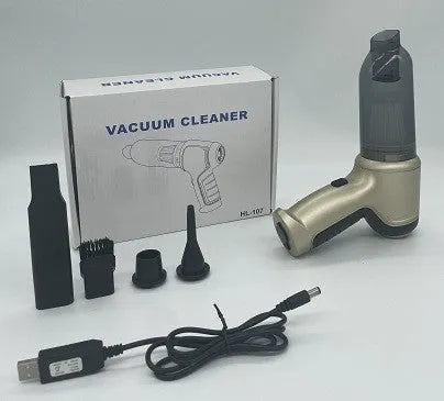 Wireless handheld car and pet vacuum cleaner in gold colour with USB charging cable