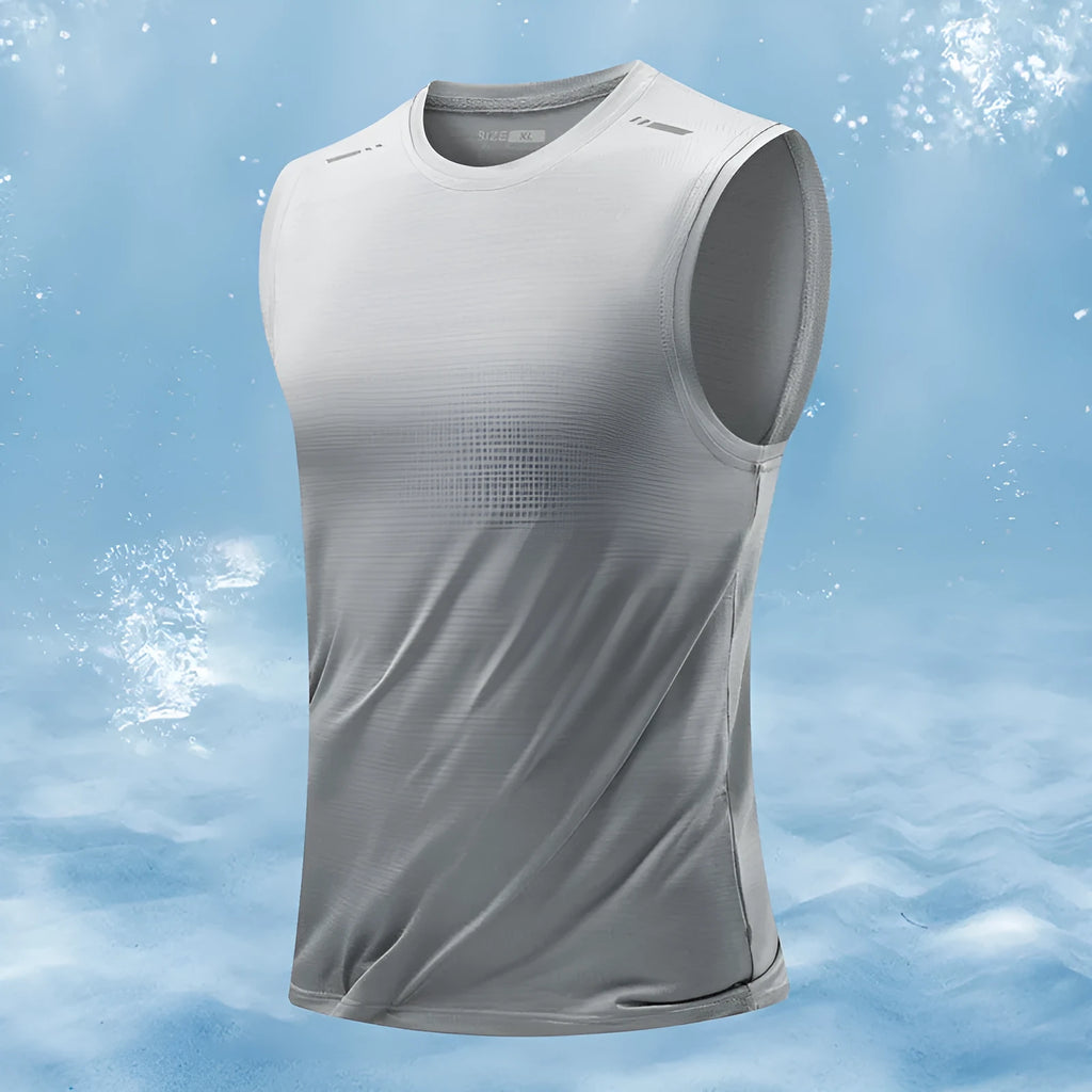 Men's loose-fit sleeveless waistcoat vest in a solid colour, showing straight hem design.