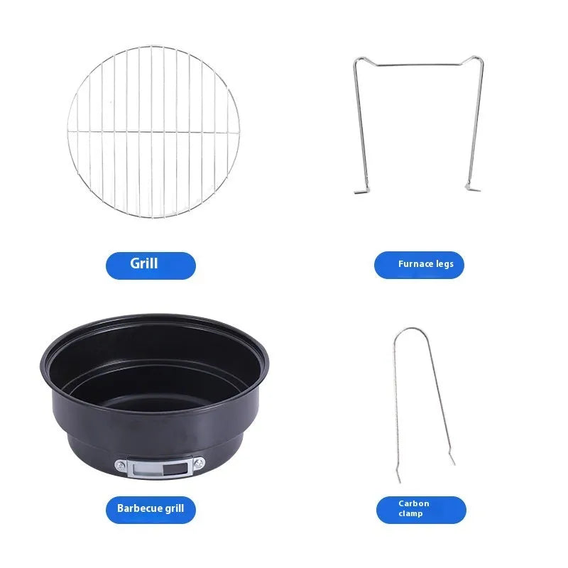 Small outdoor folding round ice stove with barbecue grill, mesh, furnace leg, and carbon clip for 1-2 people