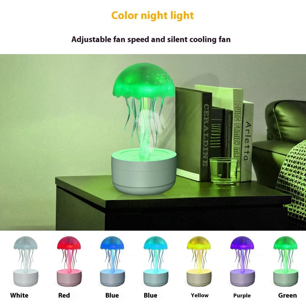 White jellyfish-shaped humidifier and essential oil diffuser with colourful night light on a desk.