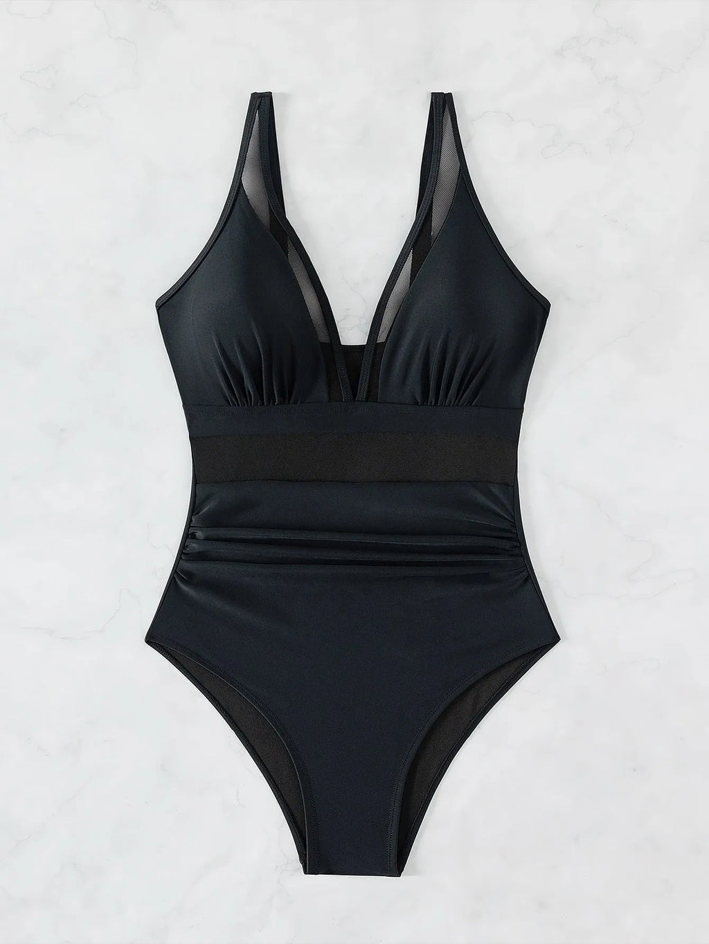 Black women's halter one-piece swimsuit with mesh detailing and sleeveless design