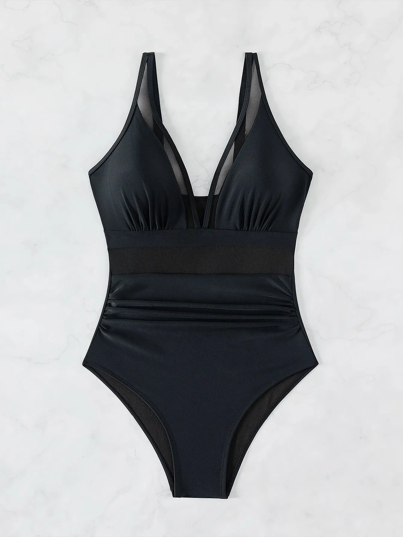 Black women's halter one-piece swimsuit with mesh detailing and sleeveless design