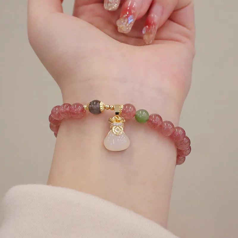 Pink strawberry quartz purse bracelet with geometric stones and safety buckle clasp