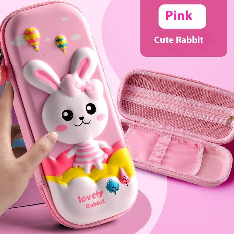 3D leather pencil case with zipper closure showing character design options including astronauts, unicorns, and mermaids