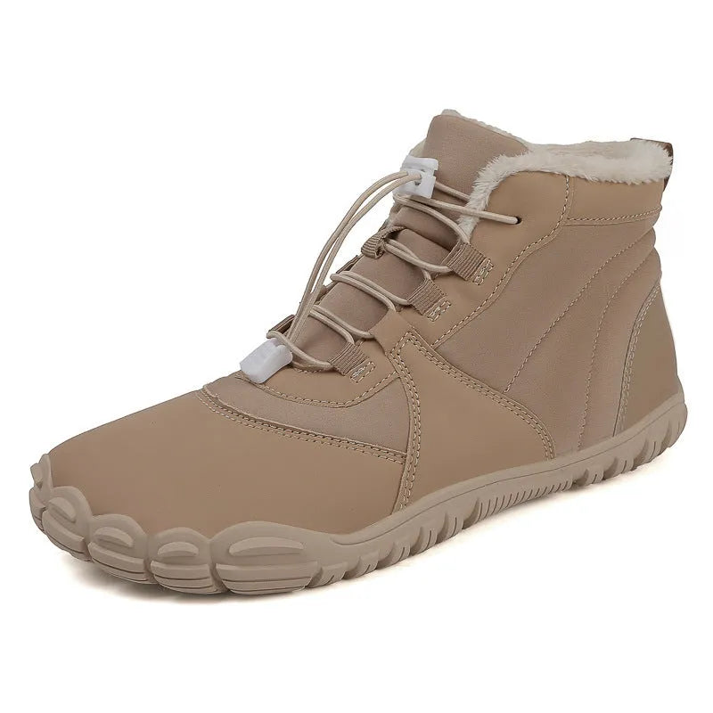 Waterproof fleece-lined outdoor snow boots with round toe and front lace-up in black, khaki, or pink.