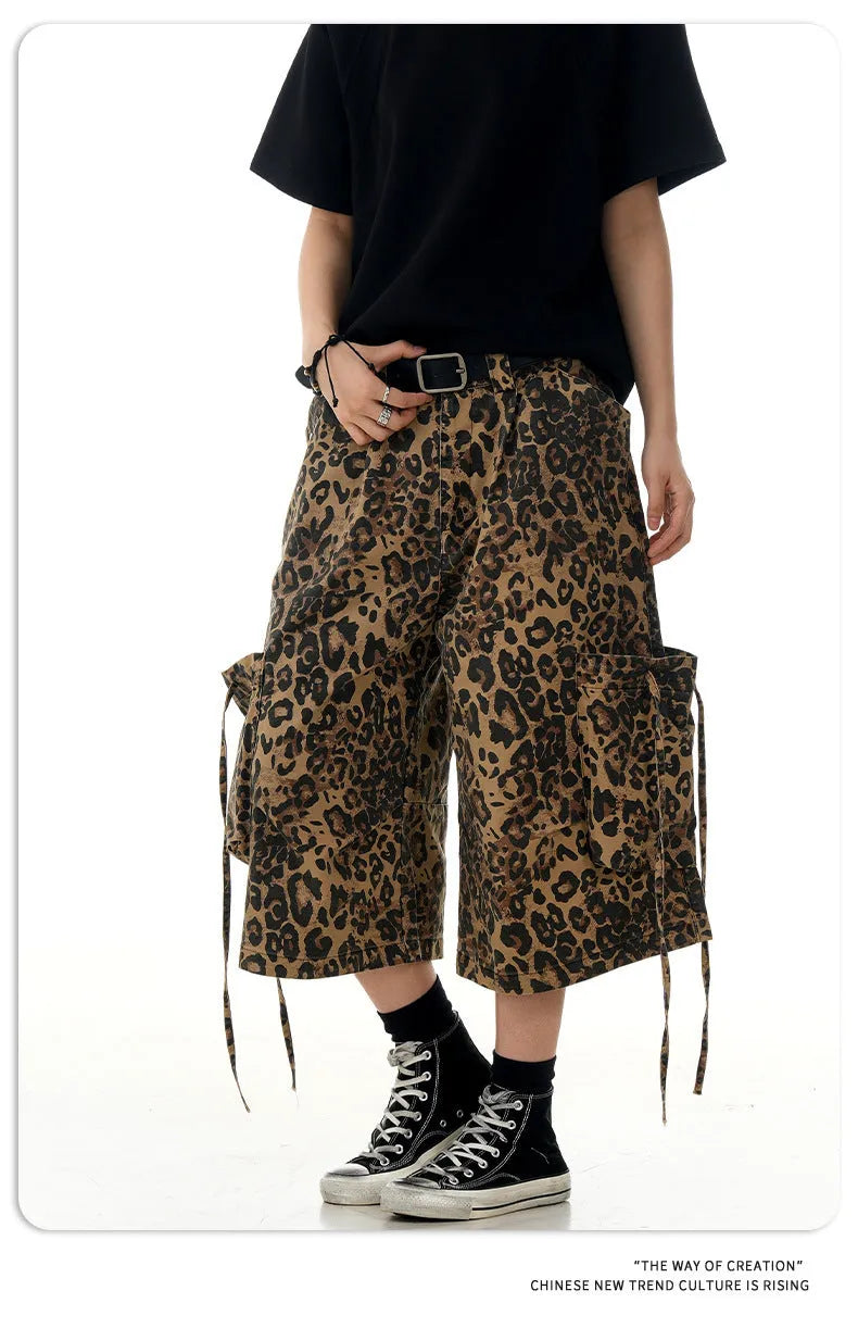 Leopard print high waist loose straight cropped pants on a hanger