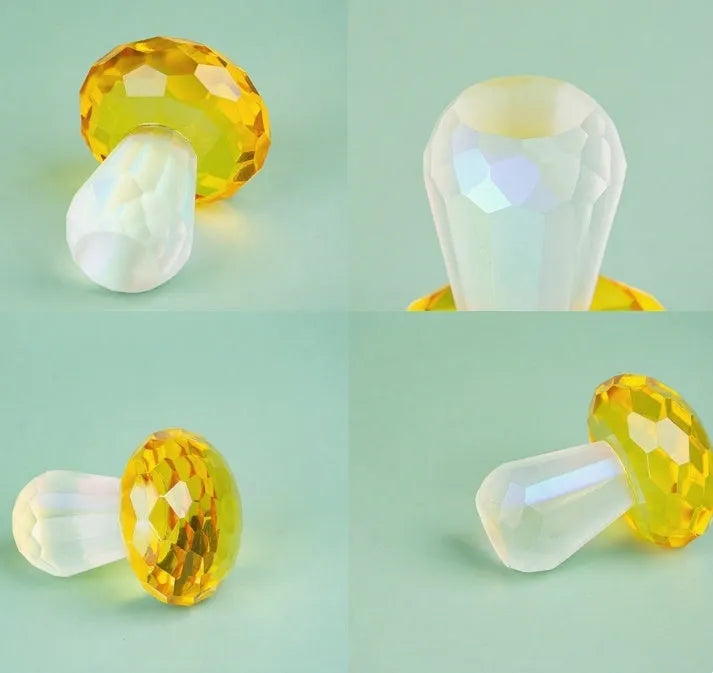 Geometric crystal mushroom decoration in transparent, green, red, or yellow measuring 40mm by 53mm