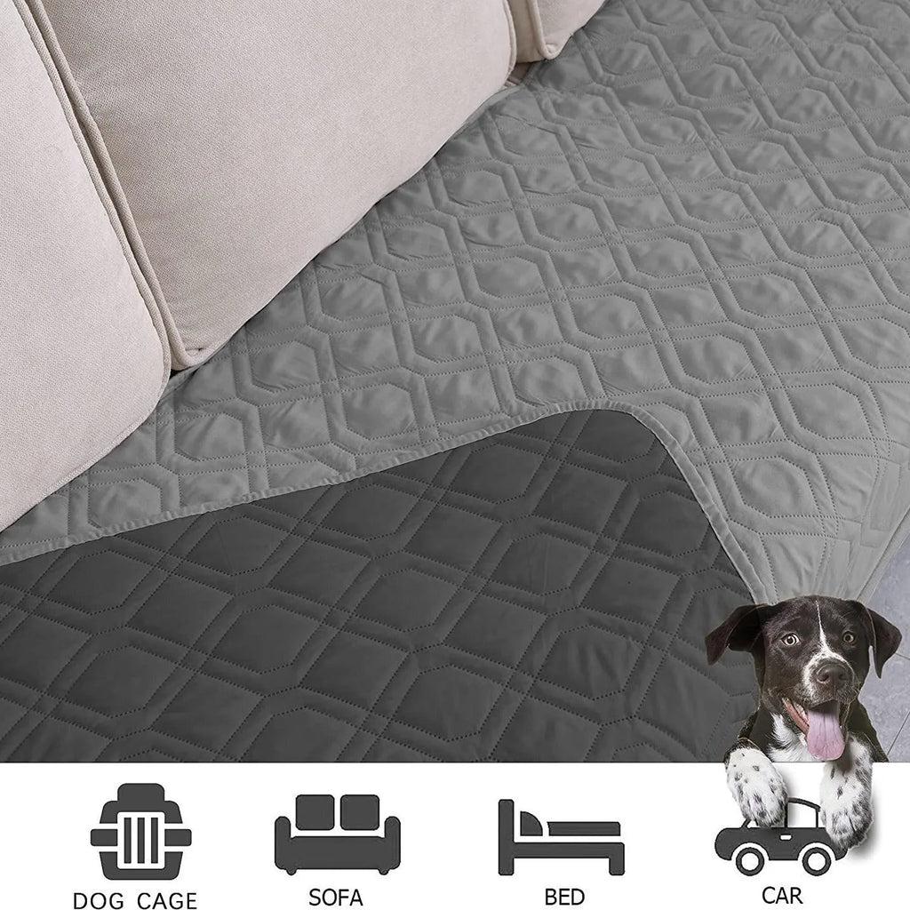 Reversible waterproof dog blanket on a sofa in burgundy colour, showing double-sided design