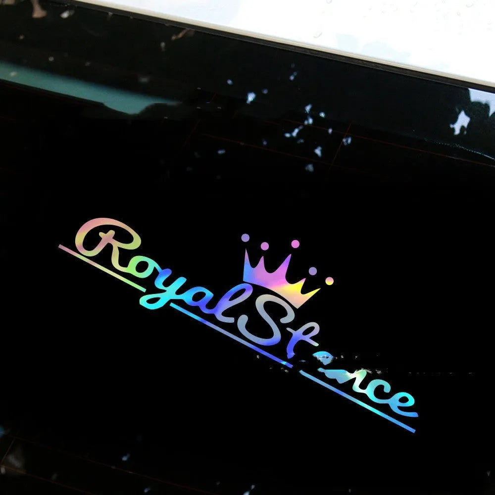 Colourful reflective crown design vinyl sticker for car personalisation, showing black, white and multicolour options.