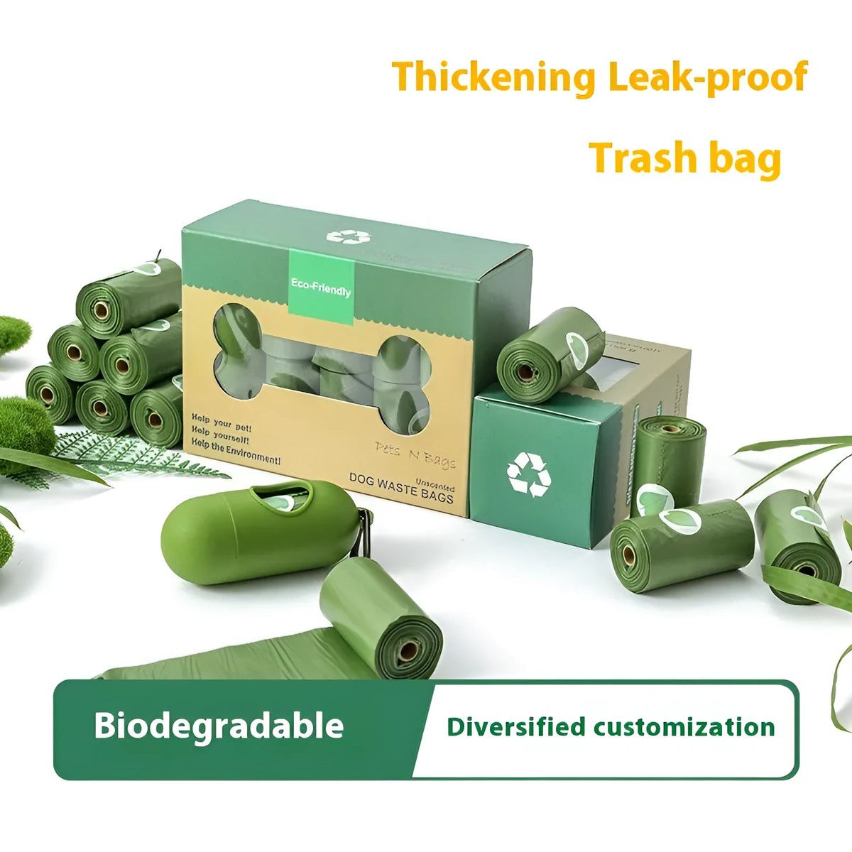 Rolls of green EPI degradable pet waste bags next to a transparent dispenser unit.