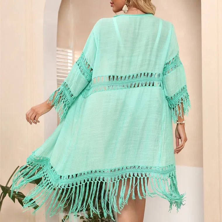 Hand-crocheted acrylic beach cardigan with tassel stitching in water green colour