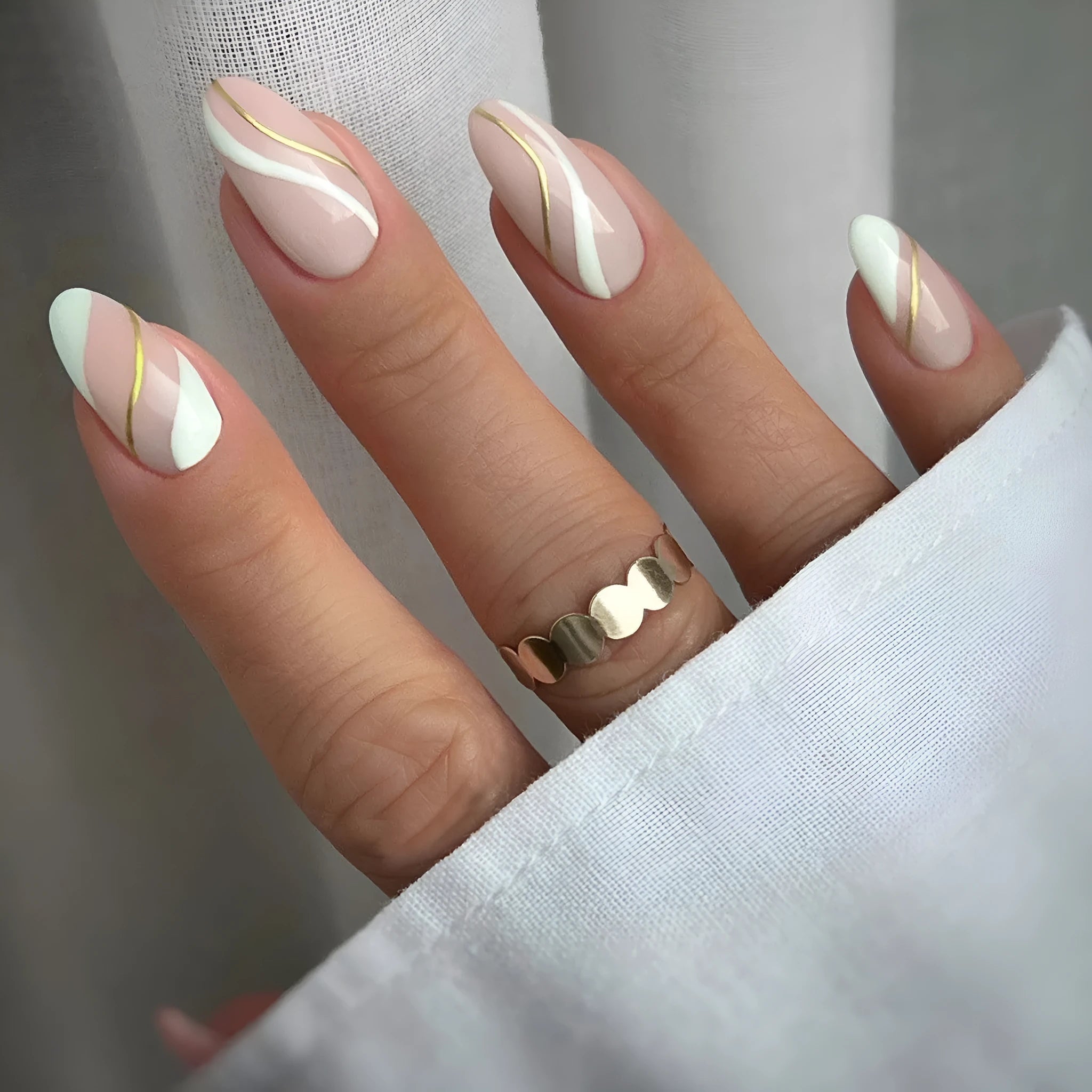 Golden Lines plaid pattern wearable nail stickers in medium drop shape