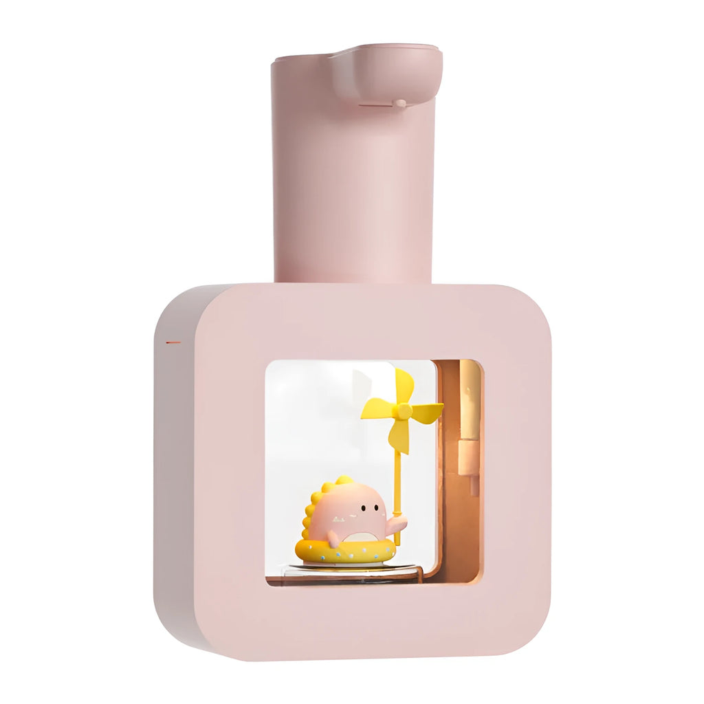 Pink Pet Cube automatic touchless soap dispenser with cartoon unicorn and kitten designs for children.