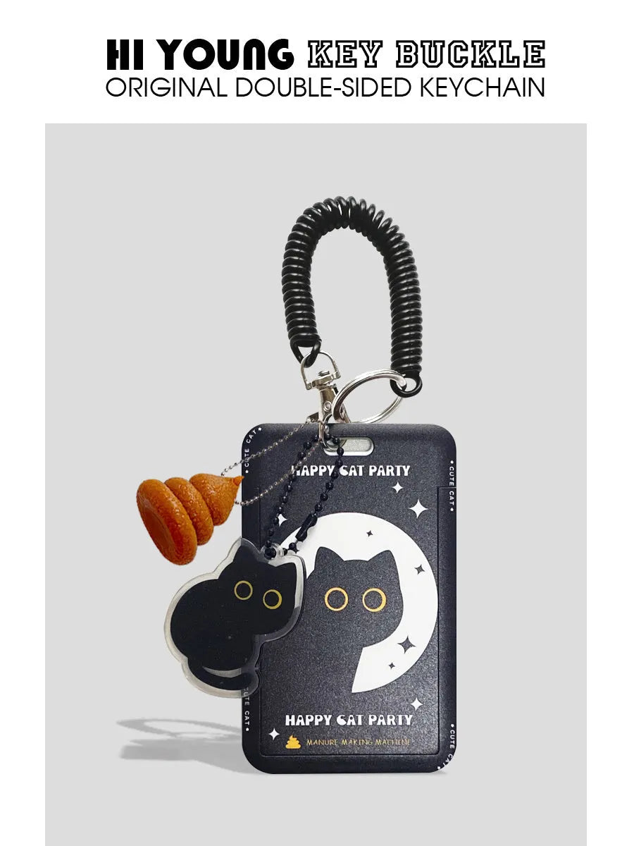Cute black cat cartoon plastic card holder with a ferrule pendant for keys or bags.