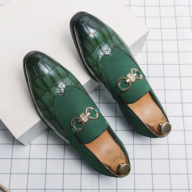 Men's black pointed toe leather shoes with low top design and visible sewing line detailing on artificial PU upper