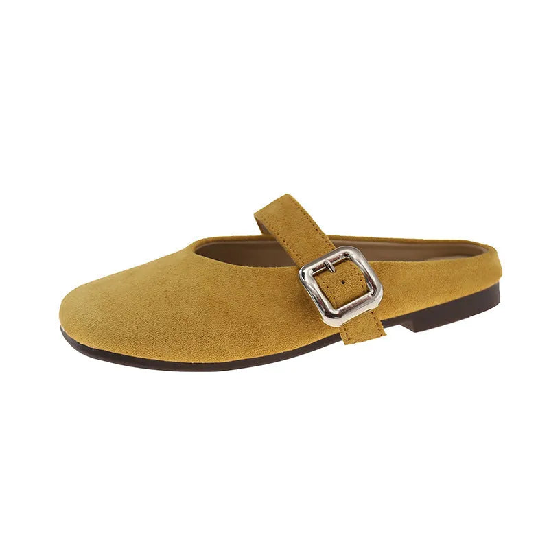 Women's flat apricot slippers with square closed toe, PU upper, and rubber sole.