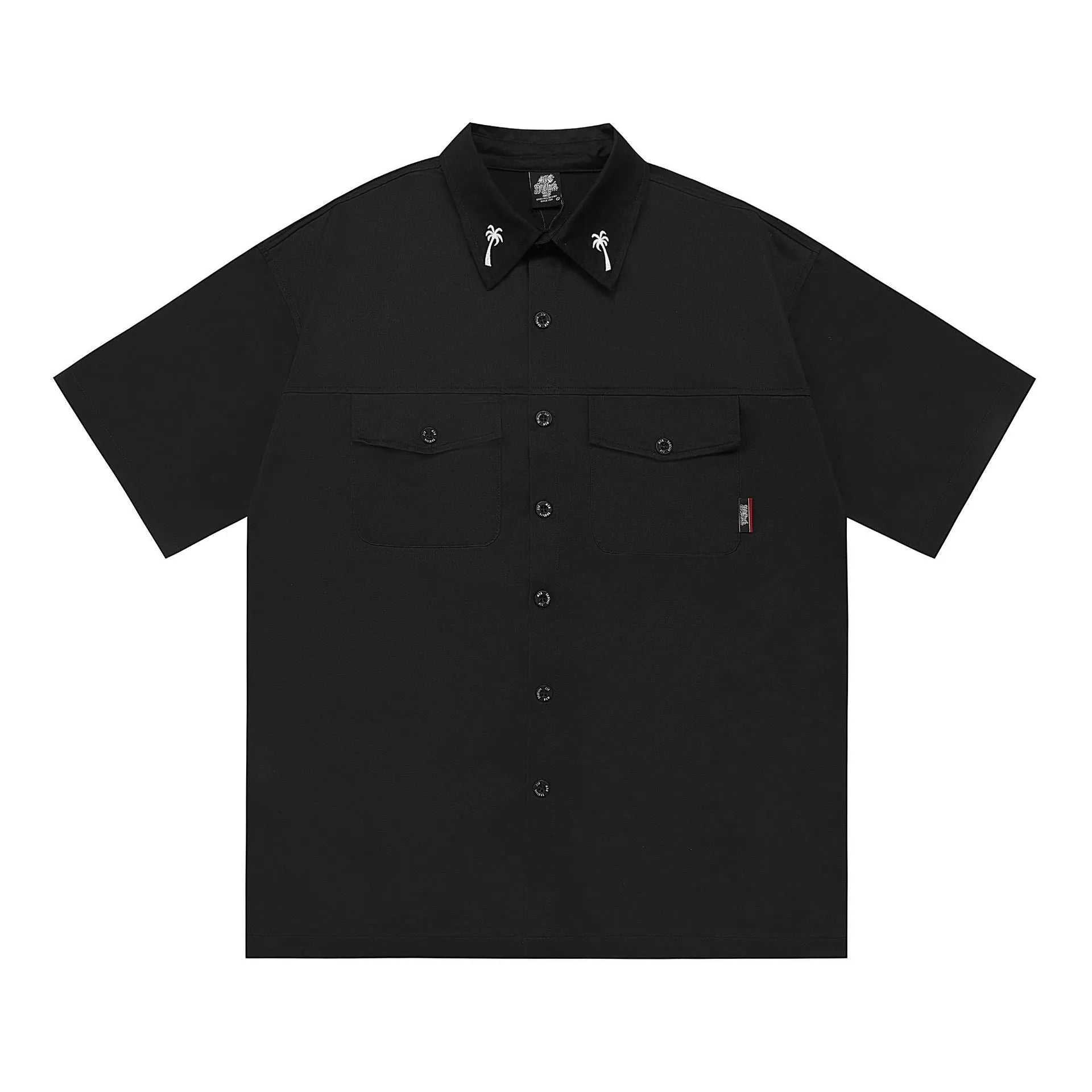 Men's black cotton blend embroidered work shirt with half sleeves and loose fit design