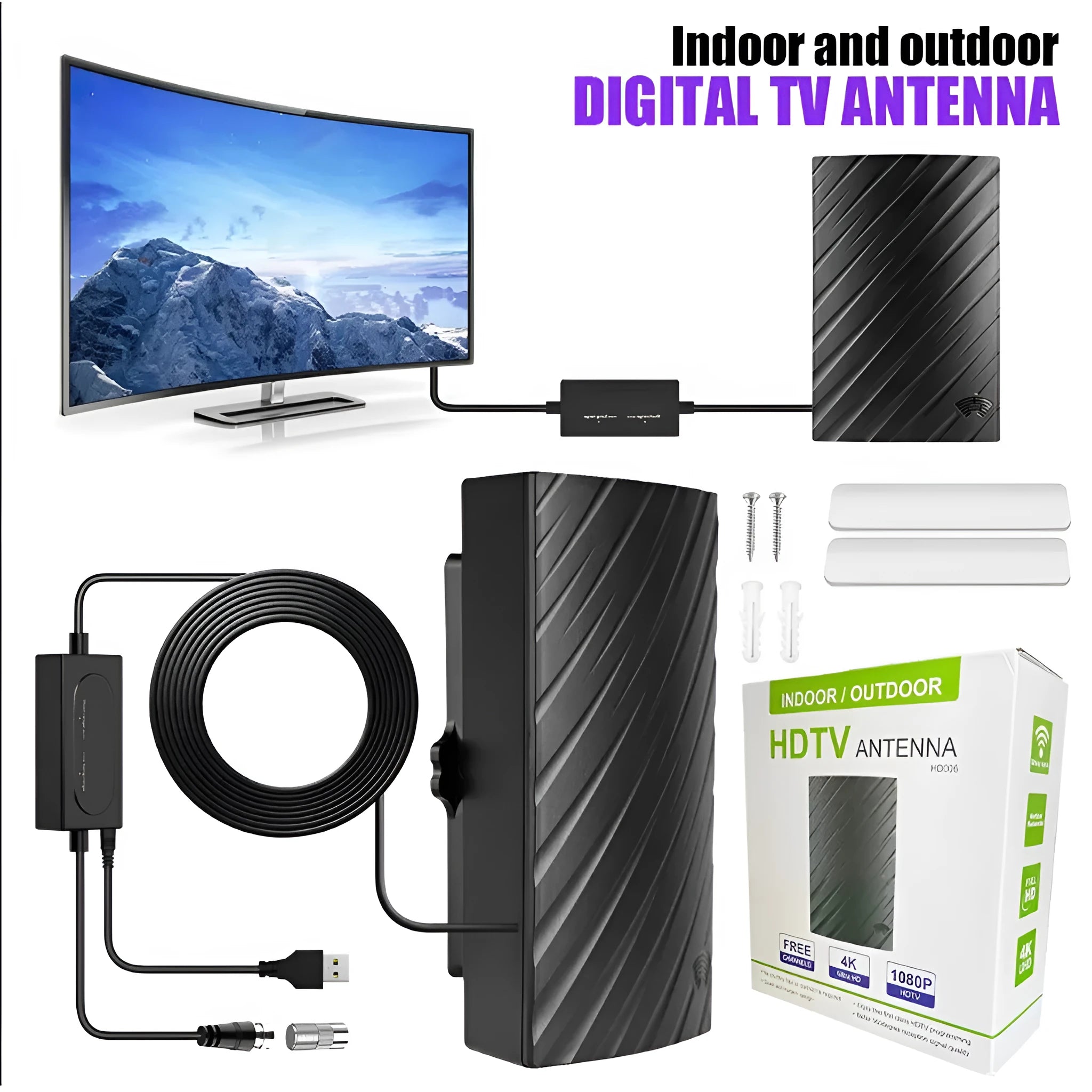 Black plastic HD digital television antenna measuring 18x16x7cm with mounting accessories