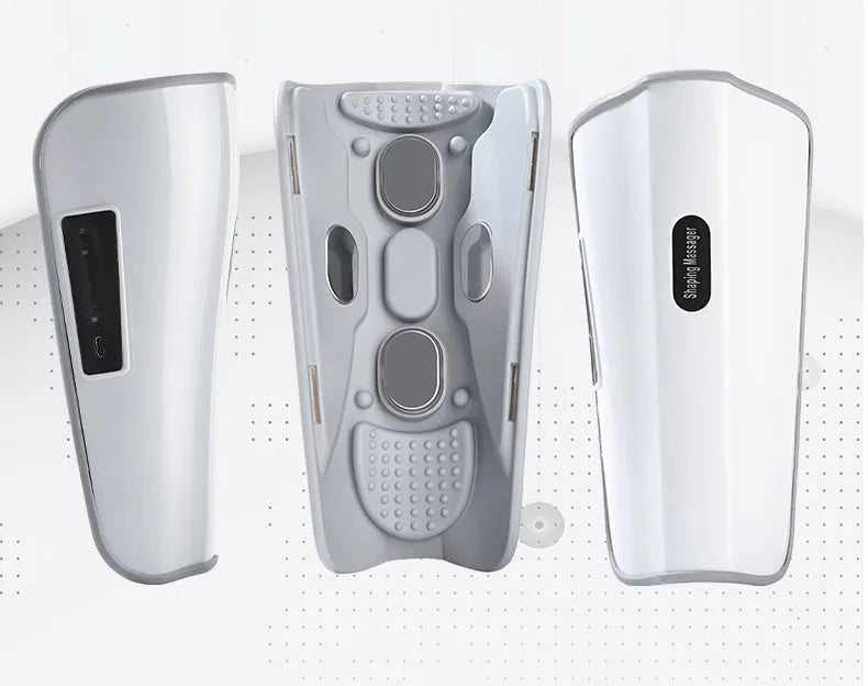 White plastic pulse calf massager with USB Type-C cable for electrotherapy and infrared physiotherapy