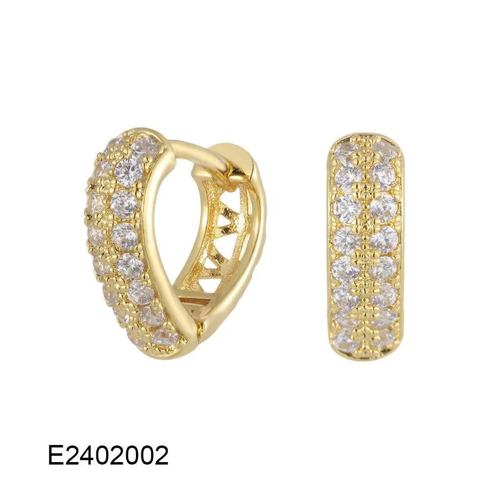 Brass gold plated heart-shaped clip earrings with zircon and gang drill decoration on copper