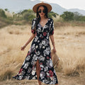 Women's yellow floral print summer dress with V neck and elastic waist on a mannequin.