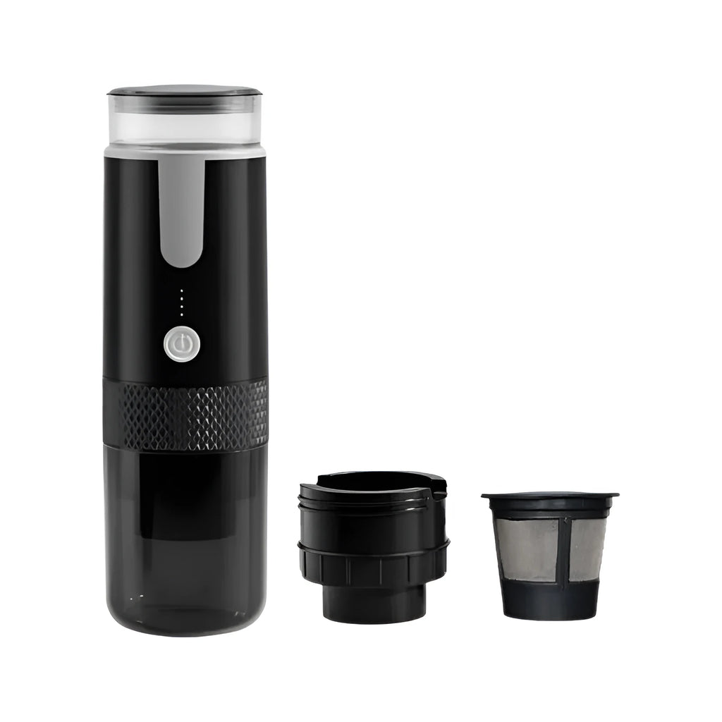 Black portable K-Cup coffee machine for use in car, camping and travel